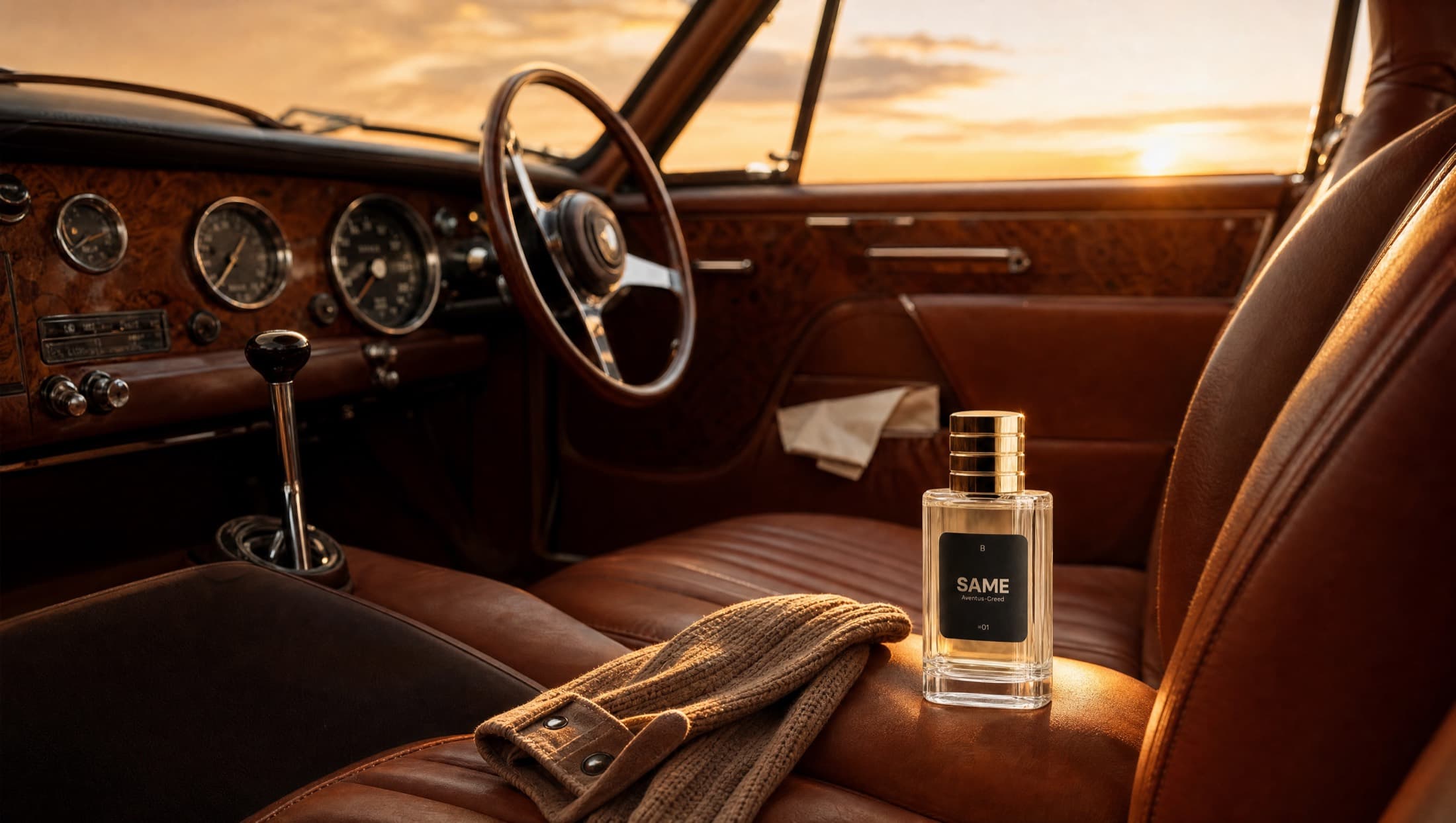 Perfume amaderado SAME en el interior de un auto clásico de lujo al atardecer